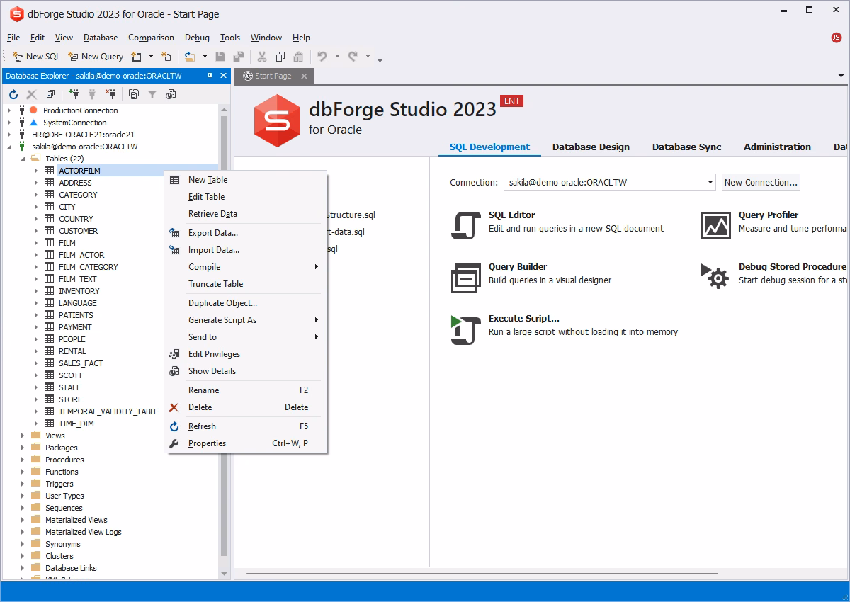 dbForge Studio for Oracle is showing the Database Explorer with tables listed and a right-click menu open on the ACTORFILM table.