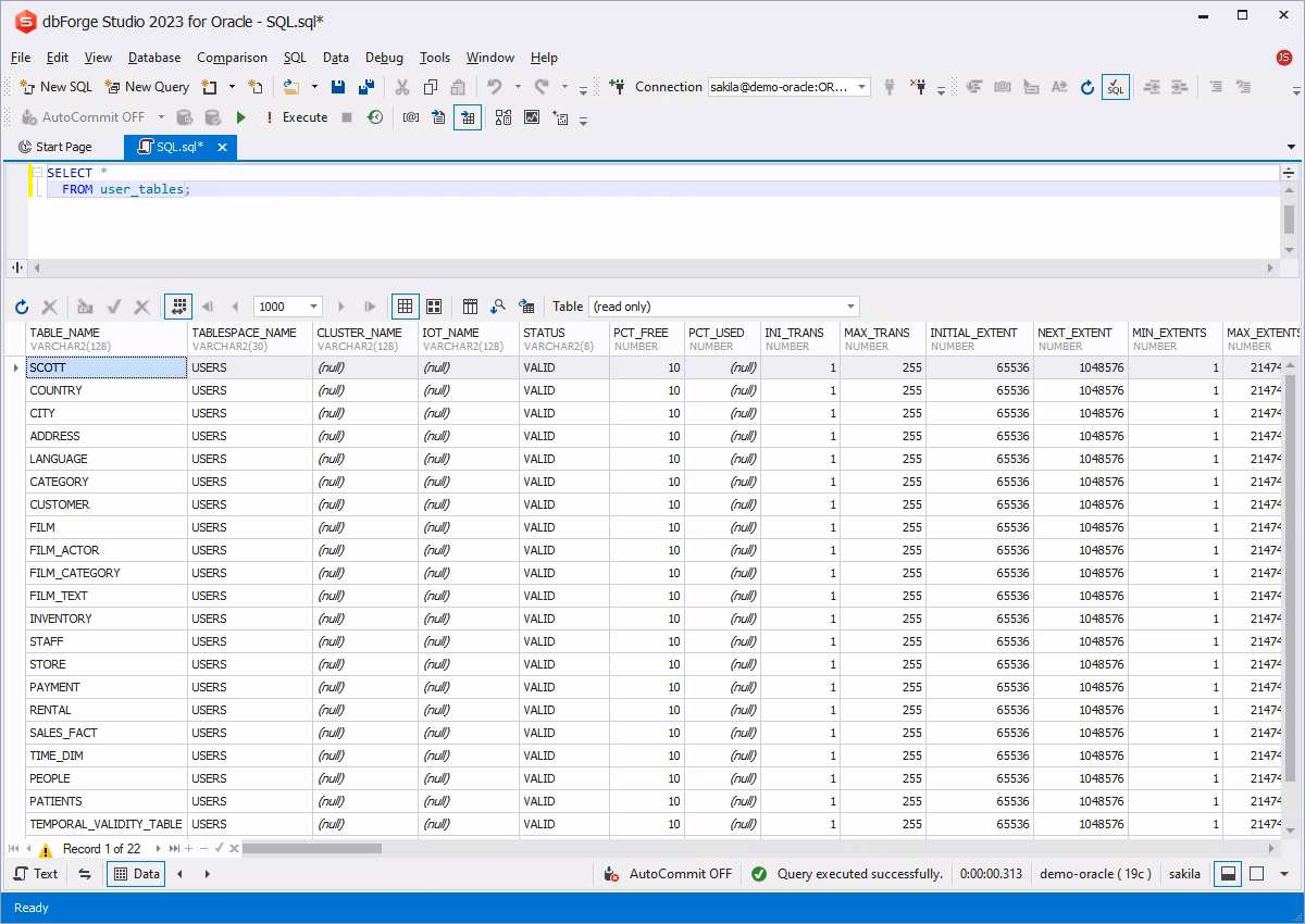 dbForge Studio for Oracle is showing SELECT FROM user_tables with a list of tables owned by the current user.