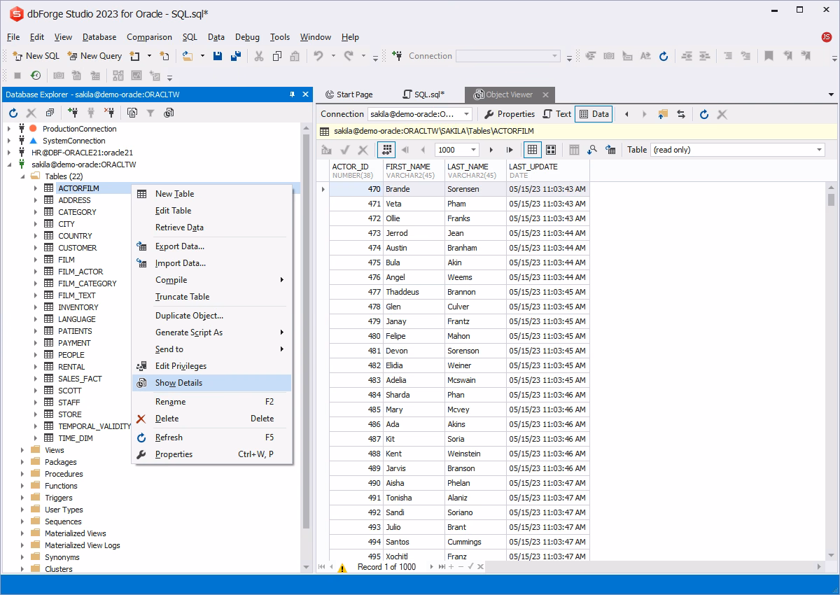 dbForge Studio for Oracle is showing the ACTORFILM table in Object Viewer with columns and sample data.