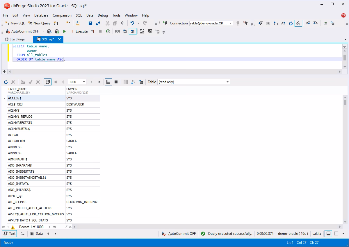 dbForge Studio for Oracle is showing a query on ALL_TABLES that lists table names and their owners in the results grid.