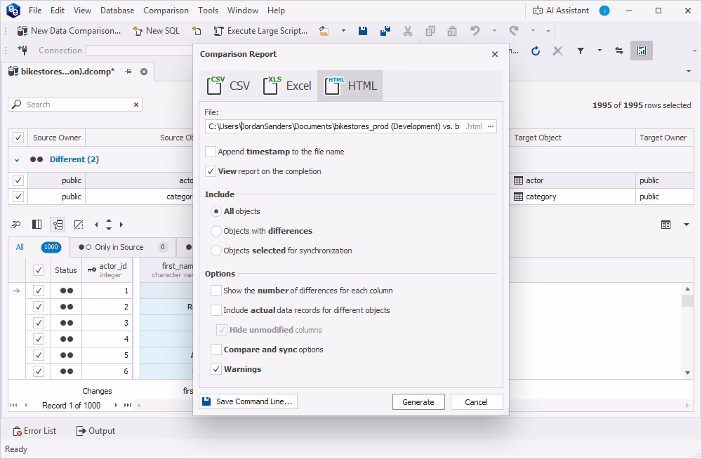 Generation of a data comparison report in dbForge Studio for PostgreSQL