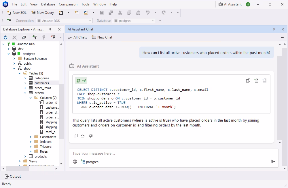 AI Assistant turning a text prompt into an SQL query
