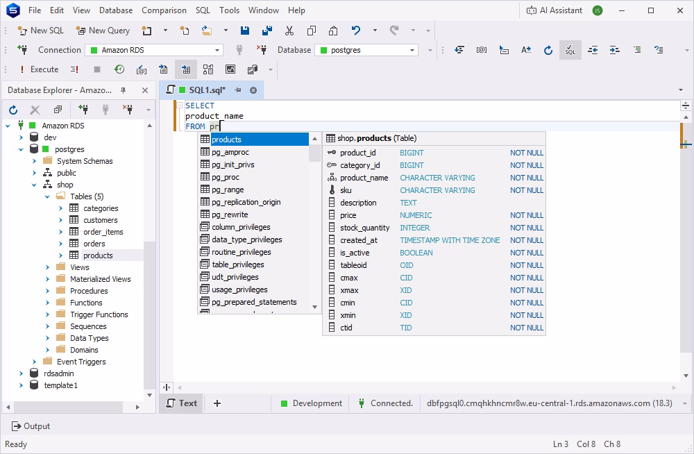 Context-based code completion in dbForge Studio for PostgreSQL