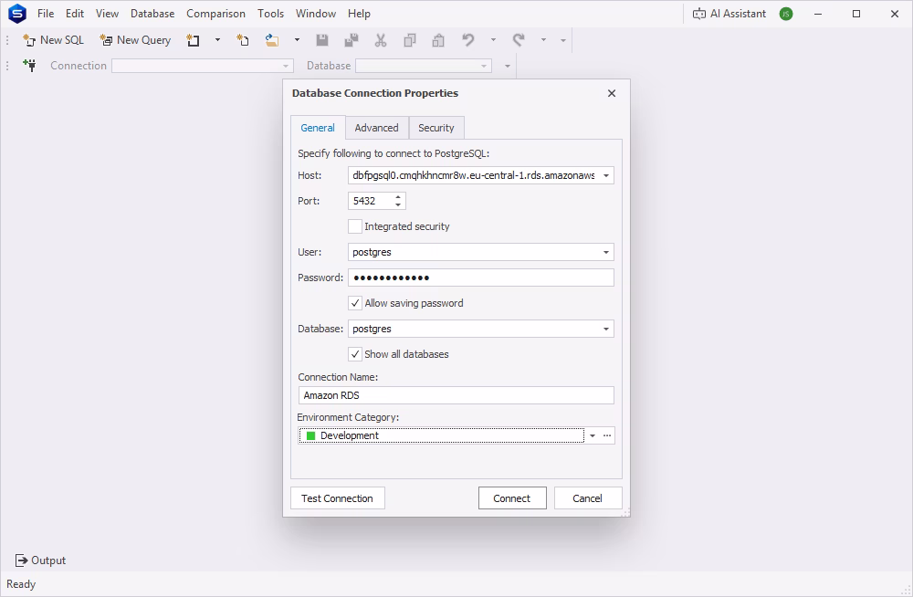 Connection window in dbForge Studio for PostgreSQL