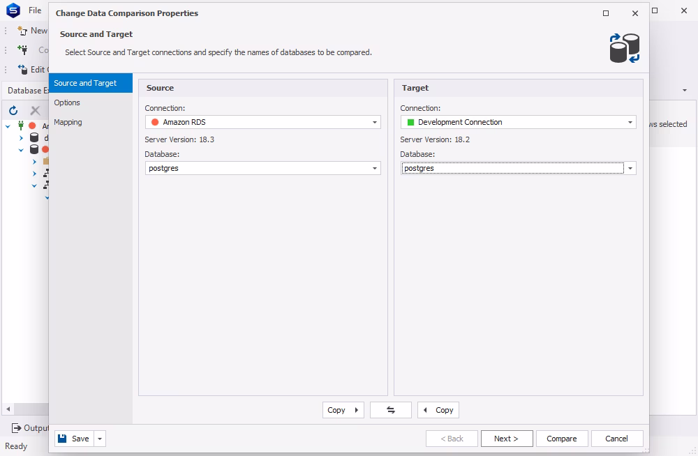 Data comparison wizard in dbForge Studio for PostgreSQL