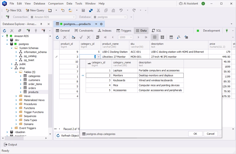 Editing table data in dbForge Studio for PostgreSQL