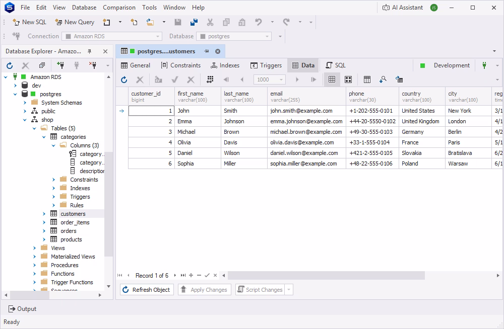 Database Explorer showing an Amazon RDS database