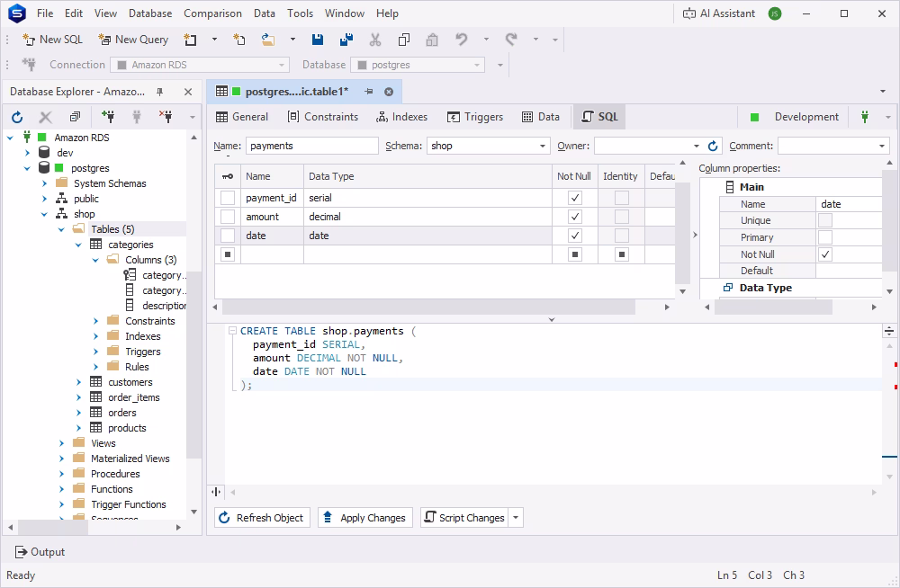 Object editor in dbForge Studio for PostgreSQL