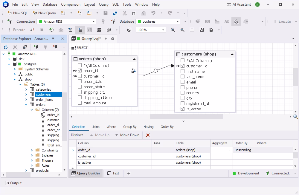 Visual Query Builder in dbForge Studio for PostgreSQL