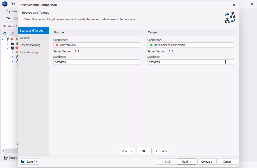 Schema comparison wizard in dbForge Studio for PostgreSQL