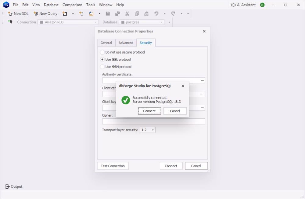 Connection testing in dbForge Studio for PostgreSQL