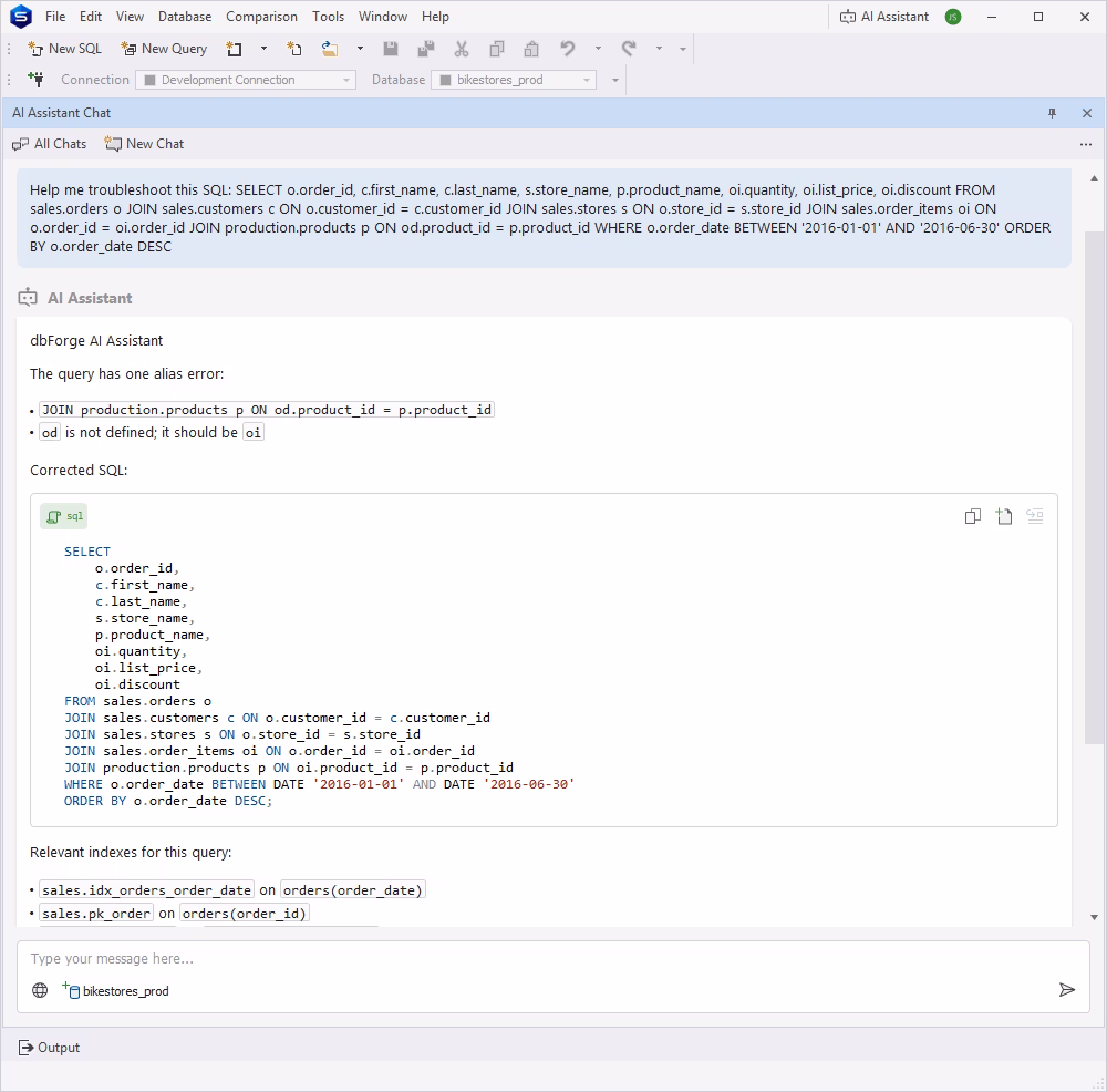 Using AI Assistant to debug a PostgreSQL query in dbForge Studio for PostgreSQL