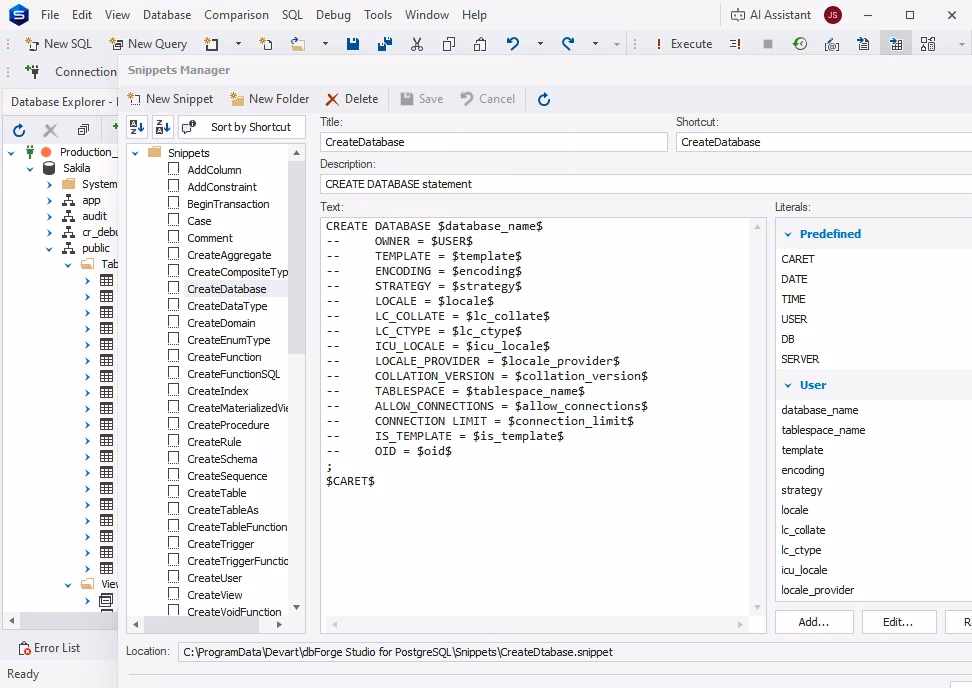 Code snippet in dbForge Studio for PostgreSQL