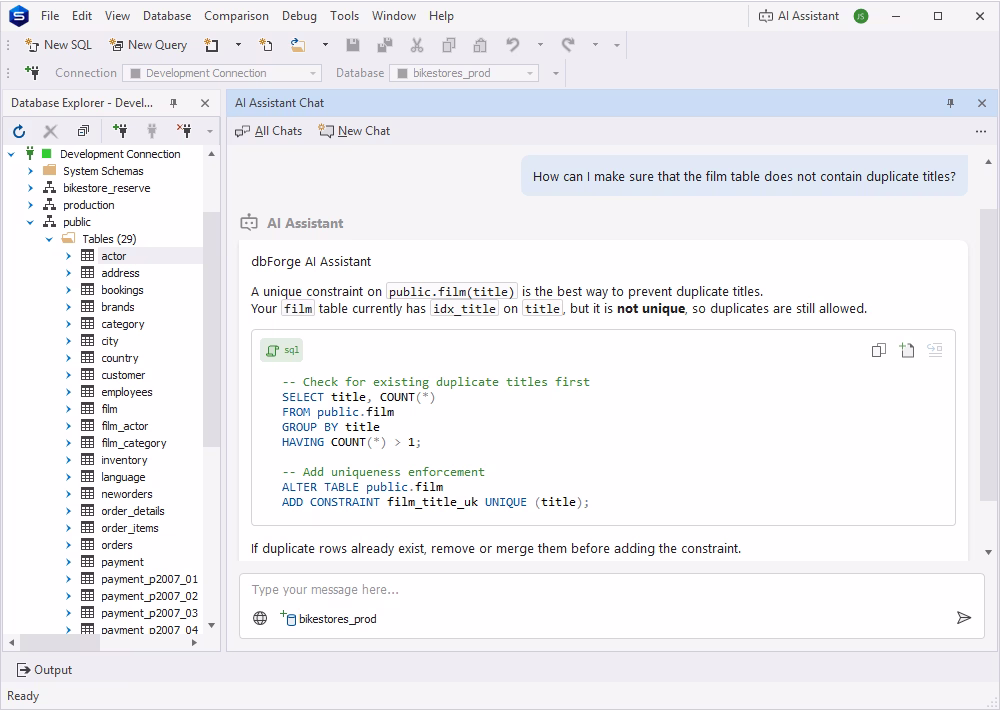 dbForge Studio for PostgreSQL AI Assistant explaining a SQL constraint
