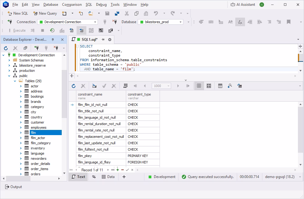 dbForge Studio for PostgreSQL showing constraint names and types retrieved from information_schema.table_constraints