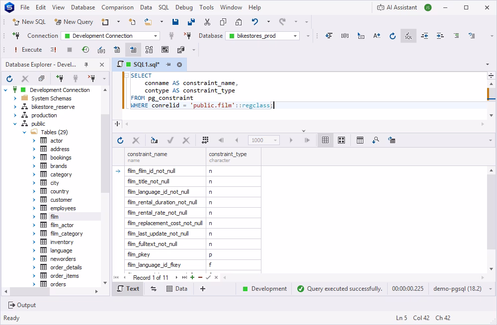 dbForge Studio for PostgreSQL showing constraint names and types retrieved from the pg_constraint catalog