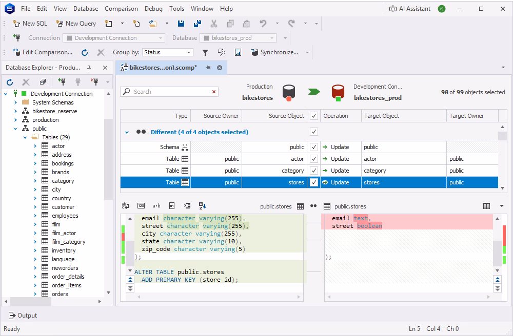 dbForge Studio for PostgreSQL Schema Compare showing differences between two PostgreSQL databases