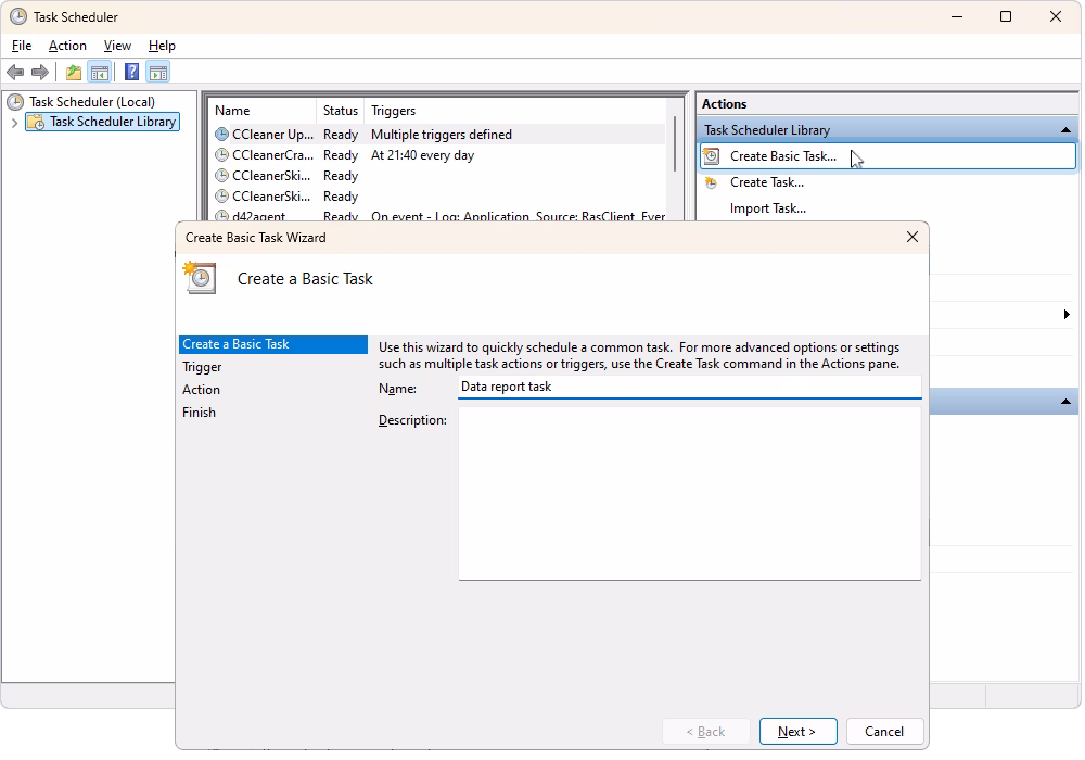 Creating a basic task in Windows Task Scheduler