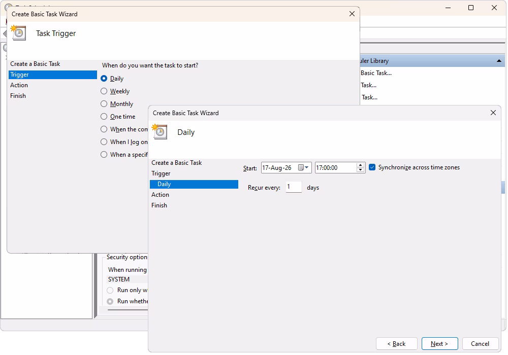 Configuring the trigger for a scheduled PostgreSQL report task