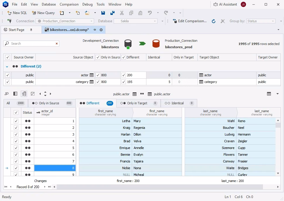 Data comparison in dbForge Studio for PostgreSQL