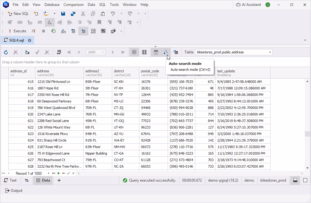 Auto search mode in PostgreSQL Data Editor