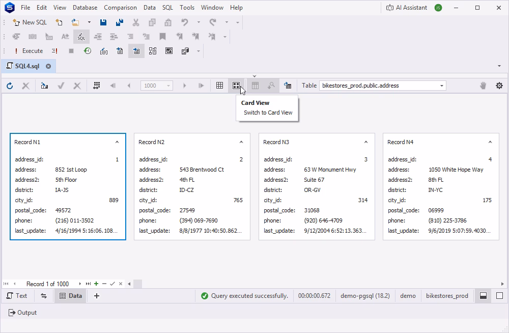 Card view in dbForge Studio for PostgreSQL