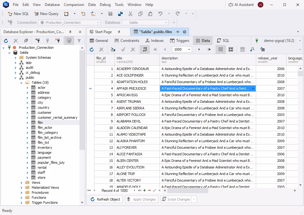 Data Editor in dbForge Studio for PostgreSQL