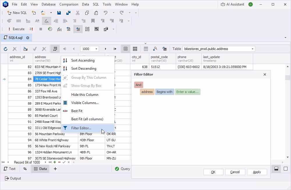 Building a filter in PostgreSQL Studio Editor