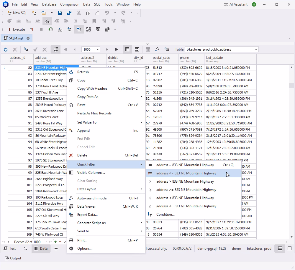 The Quick Filter option in PostgreSQL Data Editor