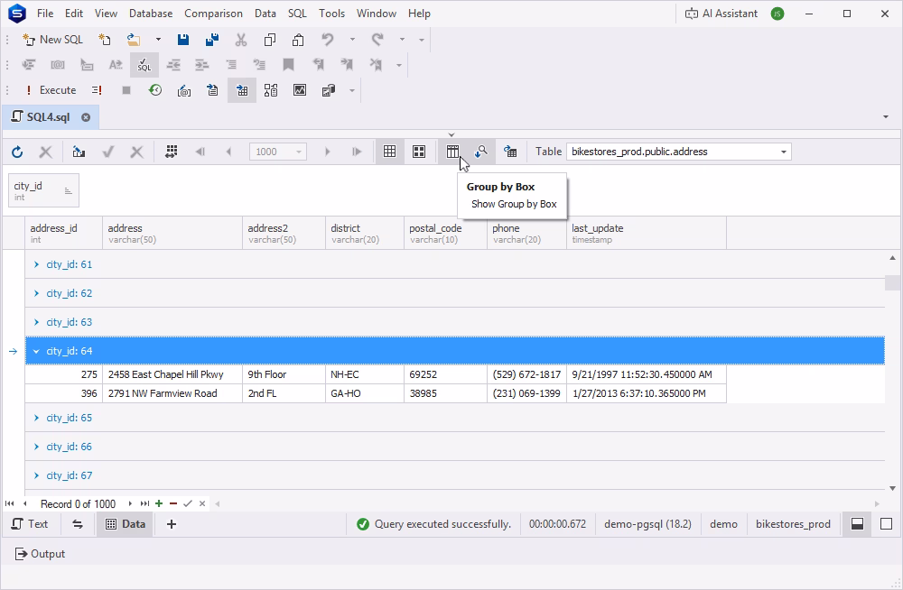 Grouping data in dbForge Studio for PostgreSQL
