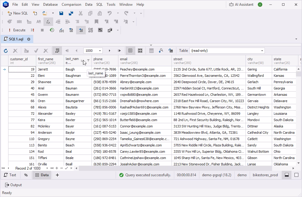 Sorting column data in PostgreSQL Data Editor
