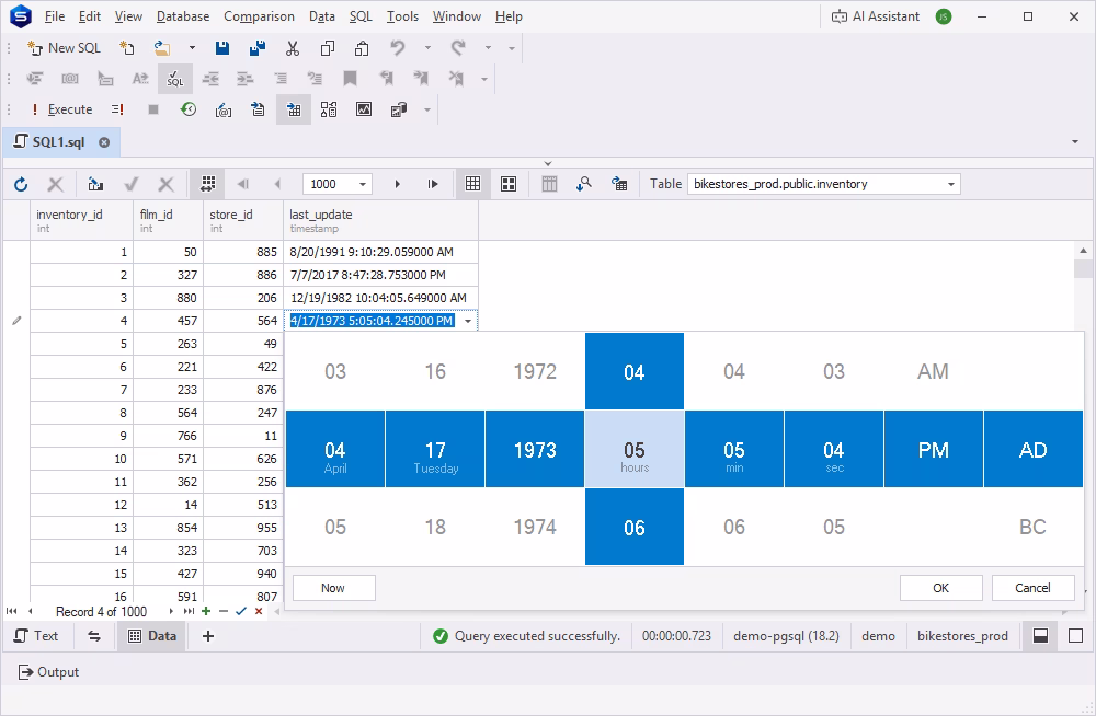 Editing the date and time in a PostgreSQL database