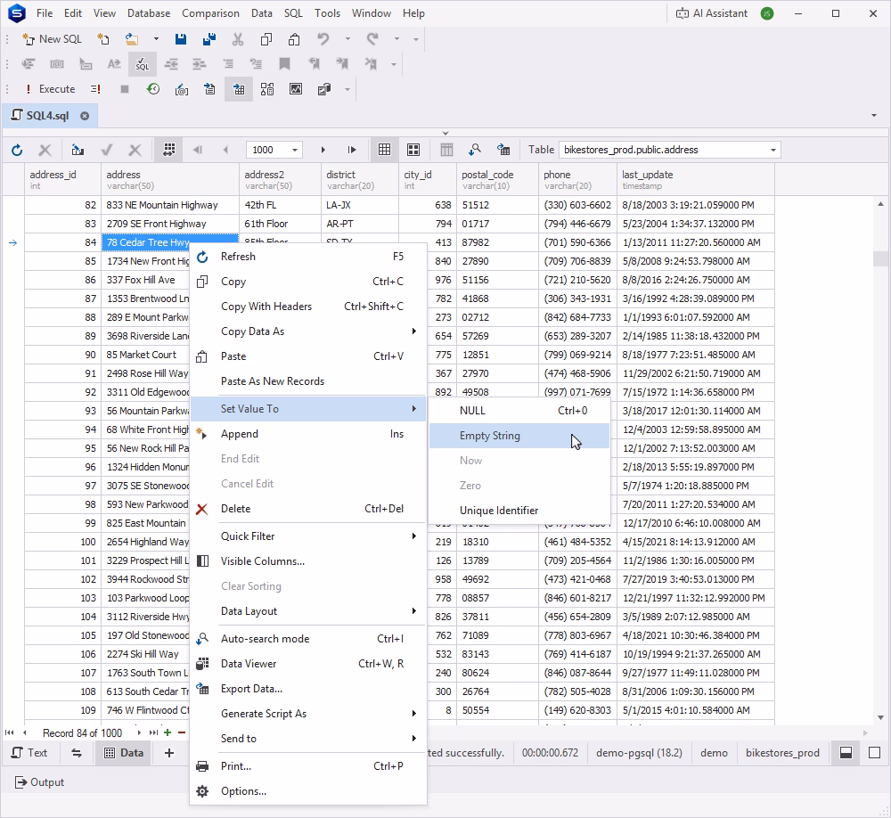 Setting the value on the shortcut menu in dbForge Studio for PostgreSQL