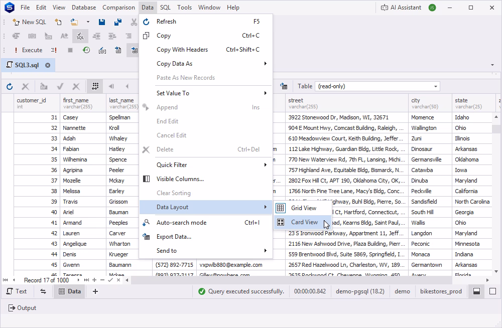 Different types of data layout in PostgreSQL data viewer