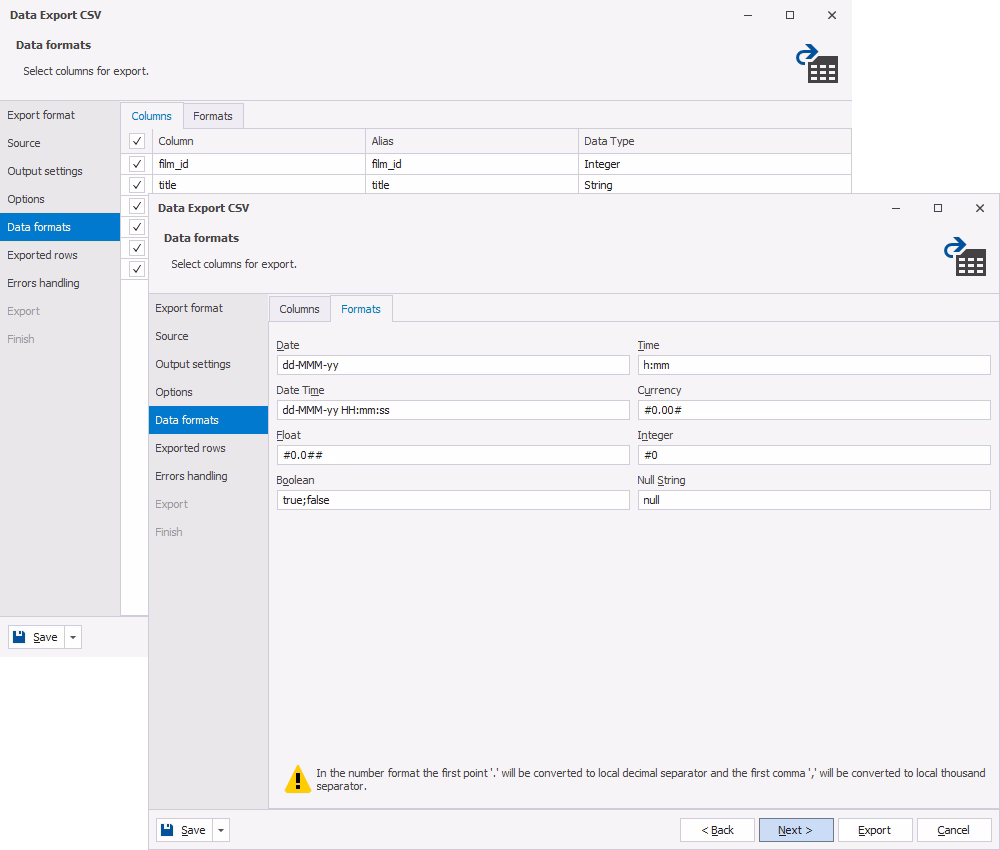 Configuring data format settings for export