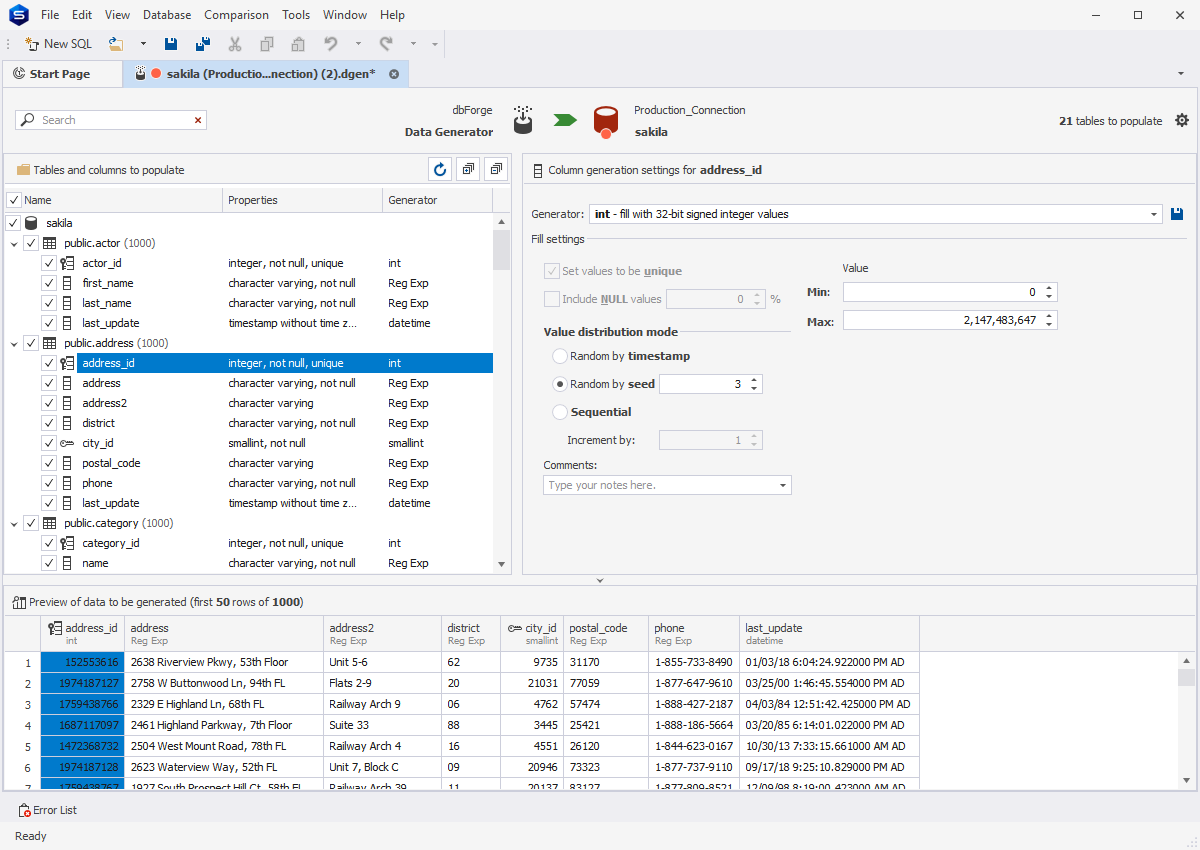 dbForge Studio for PostgreSQL - Default and customizable data generators