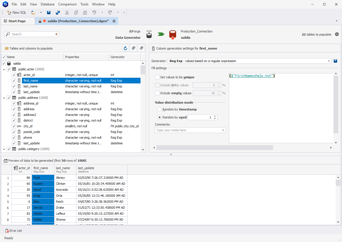 Preview the data to be generated within Data Generator for PostgreSQL