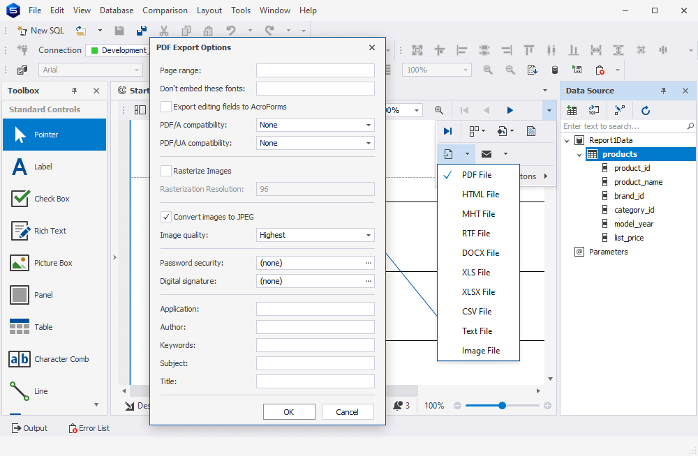 Export data reports