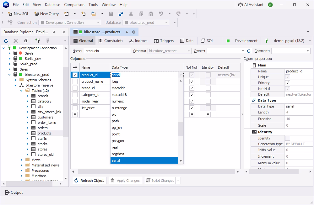 Changing a data type in dbForge Studio for PostgreSQL