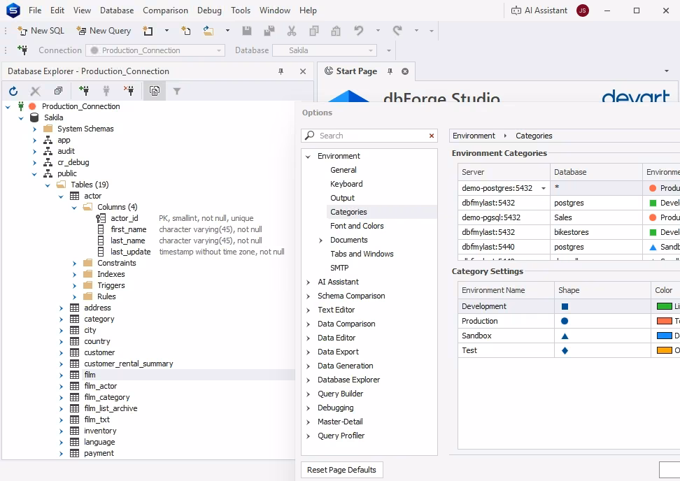 Database Explorer in dbForge Studio for PostgreSQL