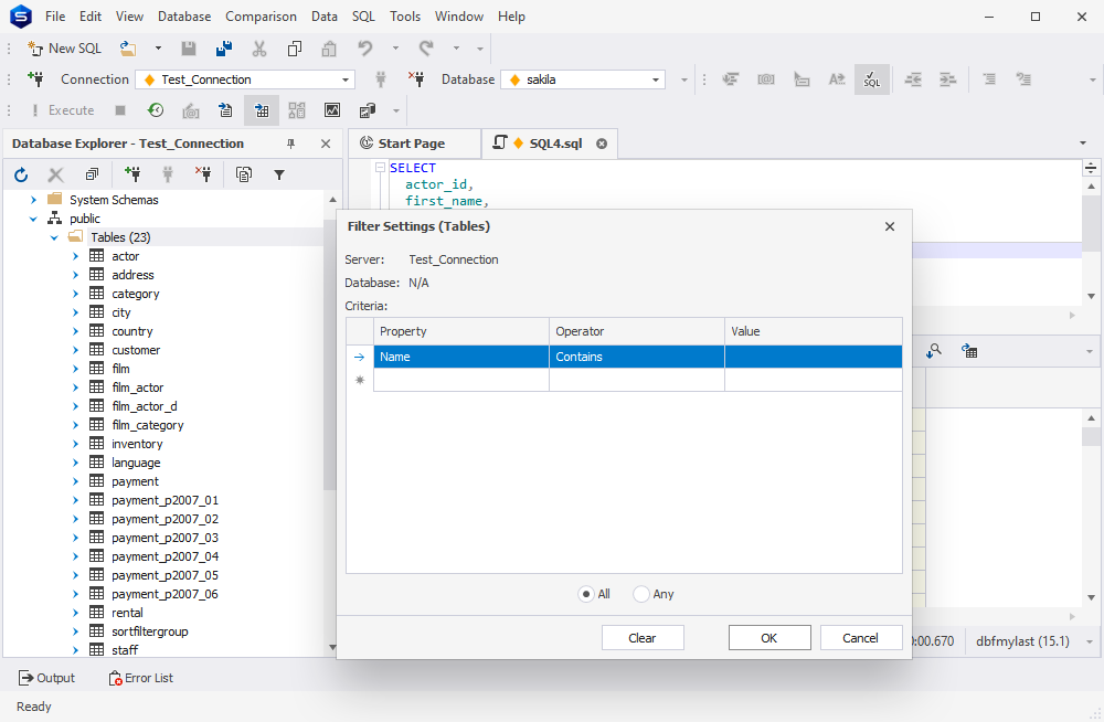 Postgres Database Explorer feature - Filtering Database Objects
