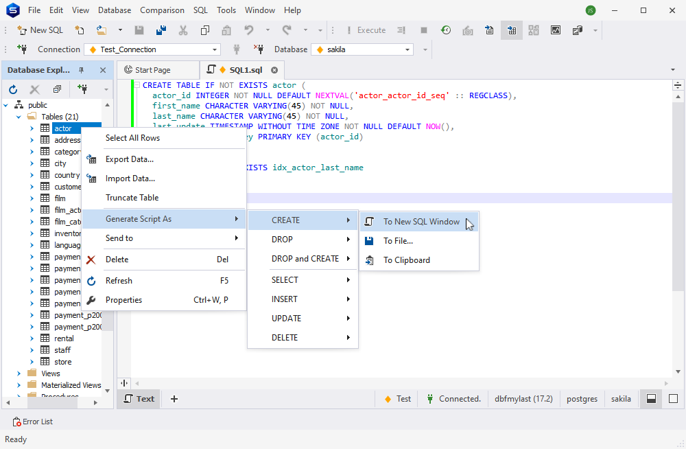 PostgreSQL Database Explorer - Generating DDL Statements for Database Objects
