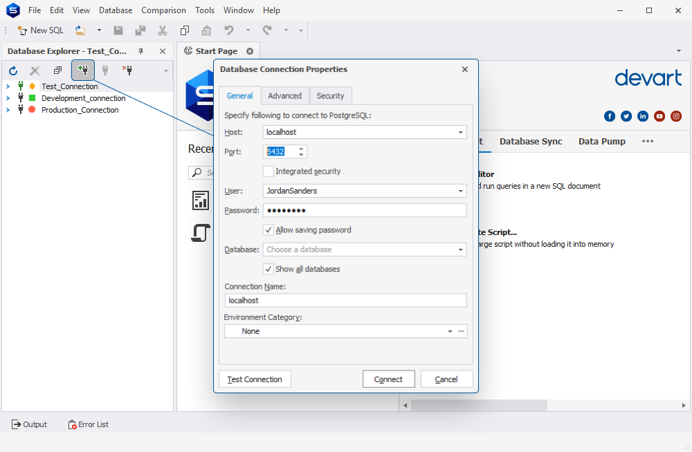 Postgres Database Explorer - Managing Database Connections