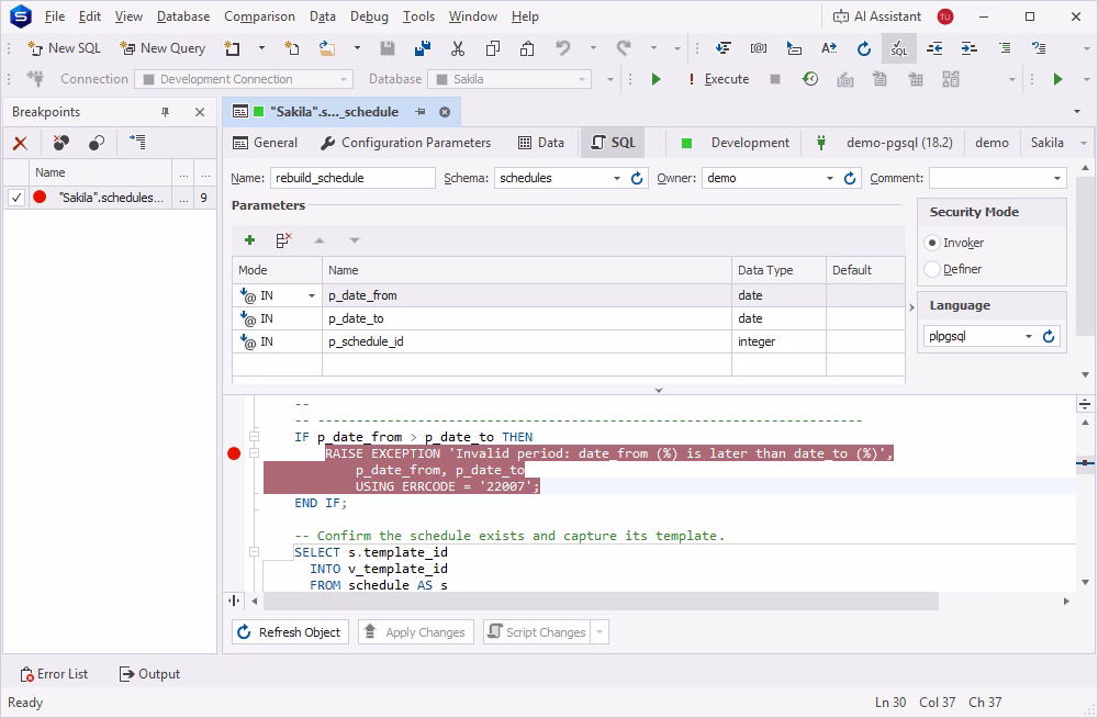 Setting a breakpoint in the PostgreSQL debugger in dbForge Studio for PostgreSQL
