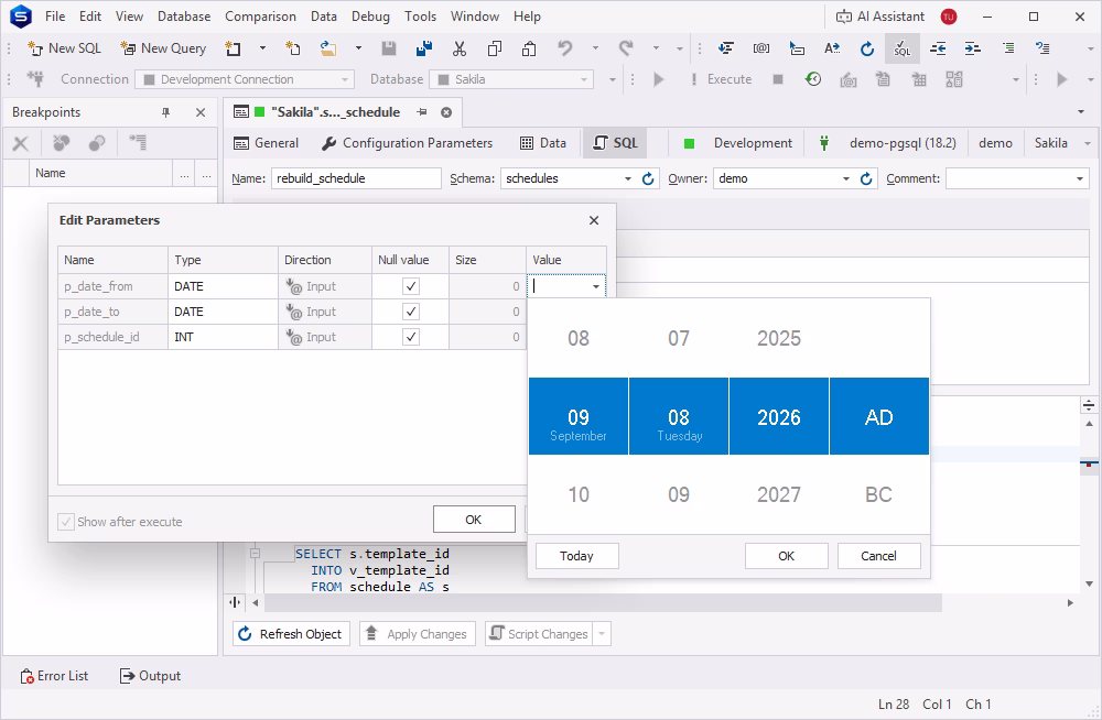 Editing parameters in dbForge Studio for PostgreSQL