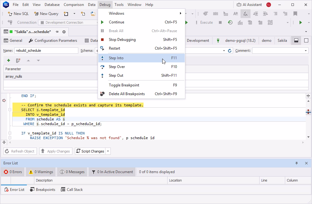 Using Step Into to debug a statement in dbForge Studio for PostgreSQL