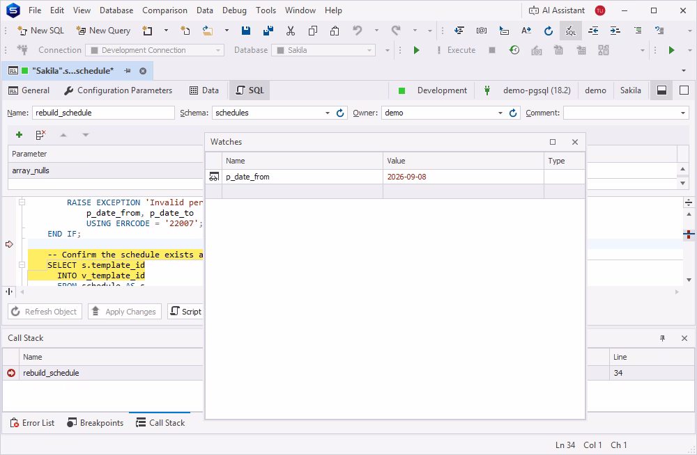 Tracking variable values with Watches in dbForge Studio for PostgreSQL