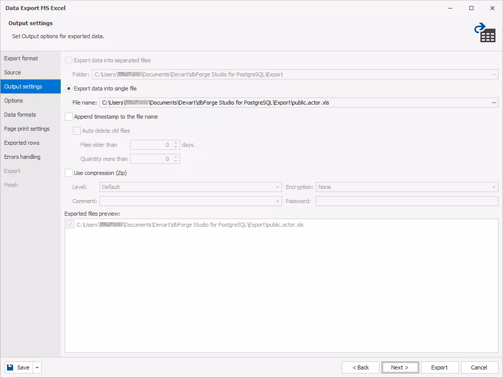 Export output settings