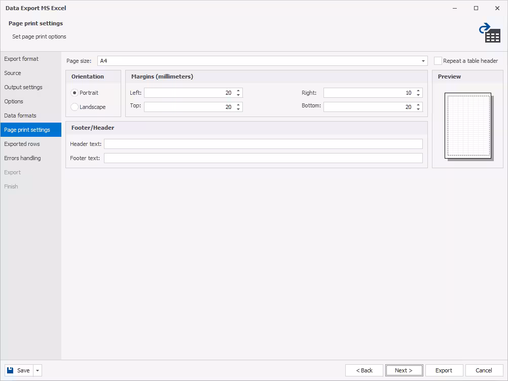 Page print settings