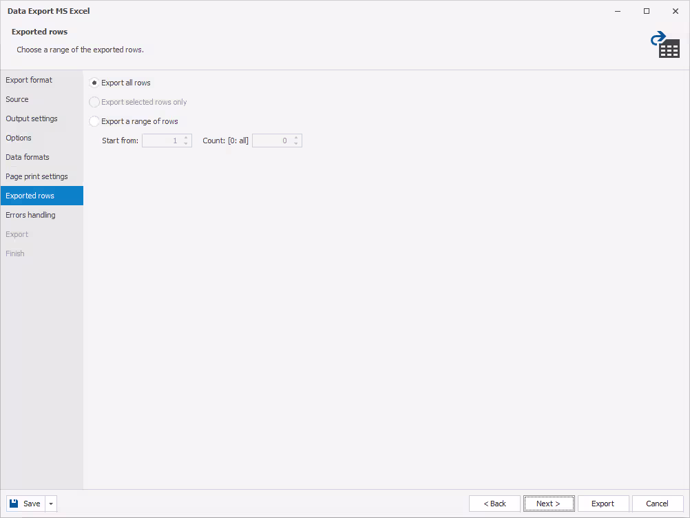 Exported rows